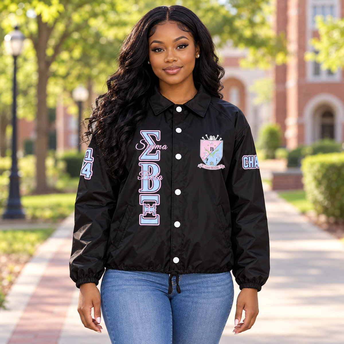 Model wearing a black Sigma Beta Xi custom coach jacket