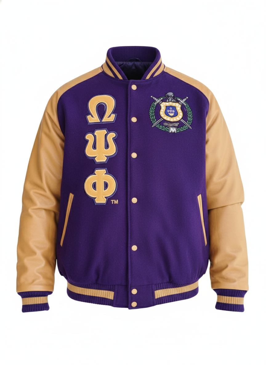 Purple and beige letterman jacket with Omega Psi Phi symbols on a white background