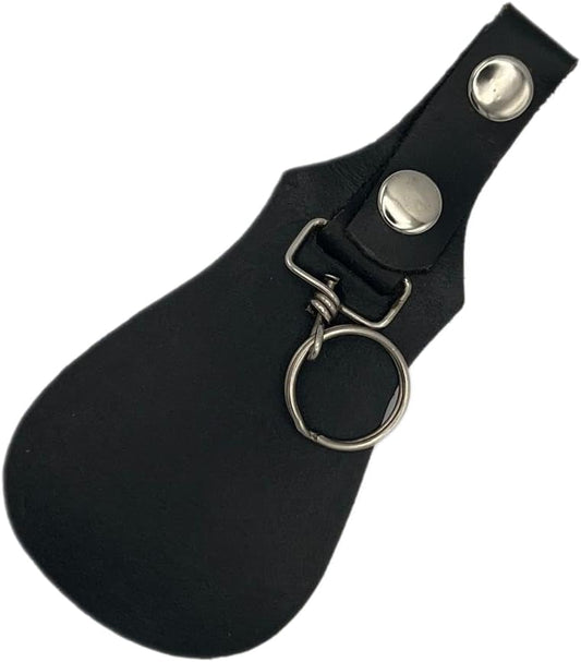 Black leather guitar-shaped keychain, a stylish car key accessory designed for music lovers and musicians. Features a sleek leather finish with a durable metal ring, perfect for holding car keys, house keys, or as a unique gift for guitar enthusiasts.