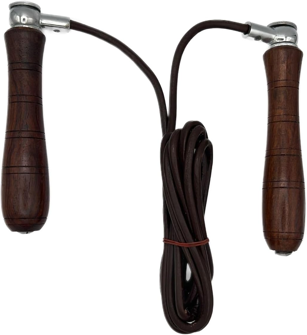 Jump Rope, Genuine Cowhide Leather Adjustable Length Workout Skipping Rope with Ball Bearings for Women, Men, and Kids - Brown Wood Handle