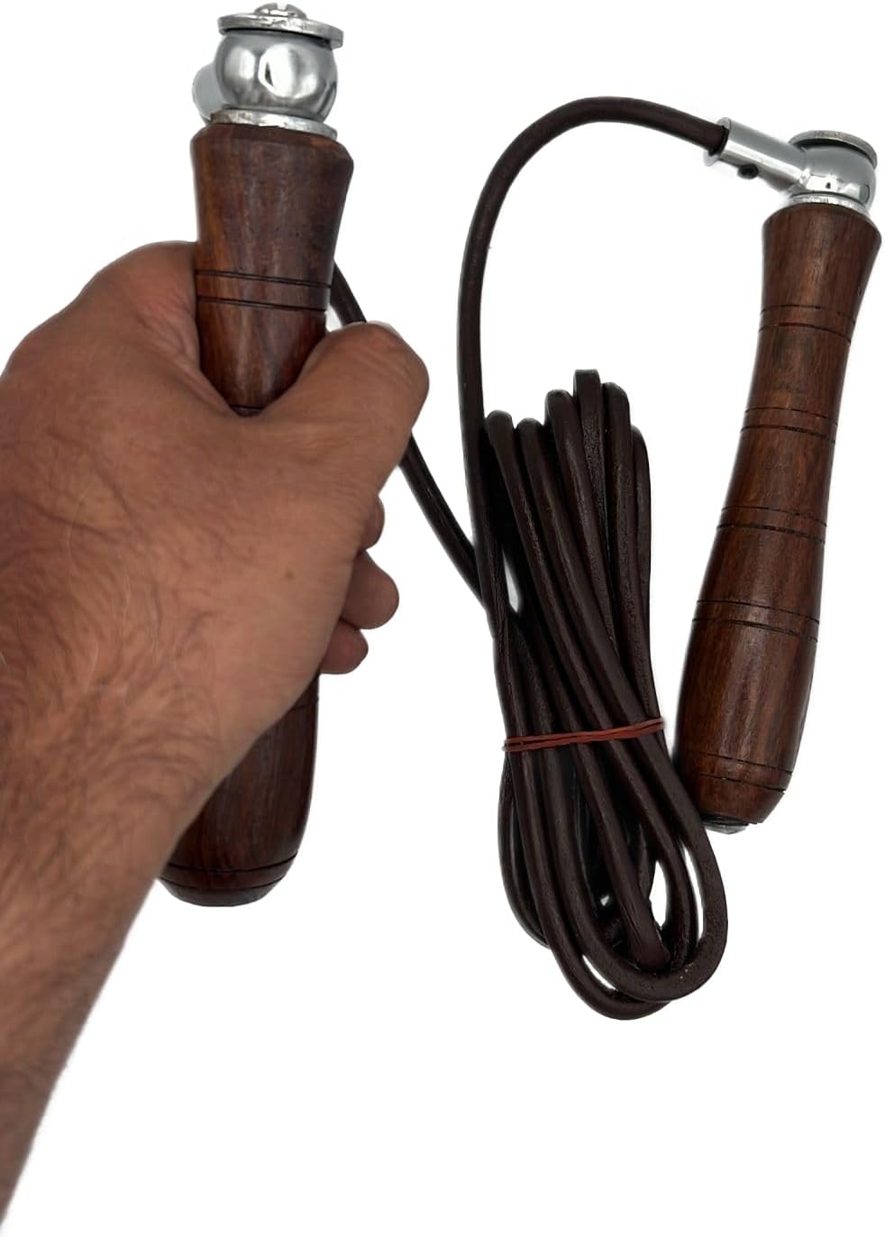 Jump Rope, Genuine Cowhide Leather Adjustable Length Workout Skipping Rope with Ball Bearings for Women, Men, and Kids - Brown Wood Handle