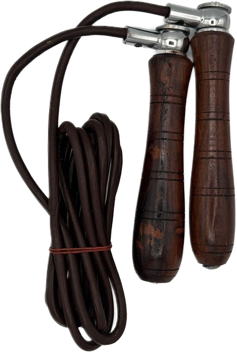 Jump Rope, Genuine Cowhide Leather Adjustable Length Workout Skipping Rope with Ball Bearings for Women, Men, and Kids - Brown Wood Handle