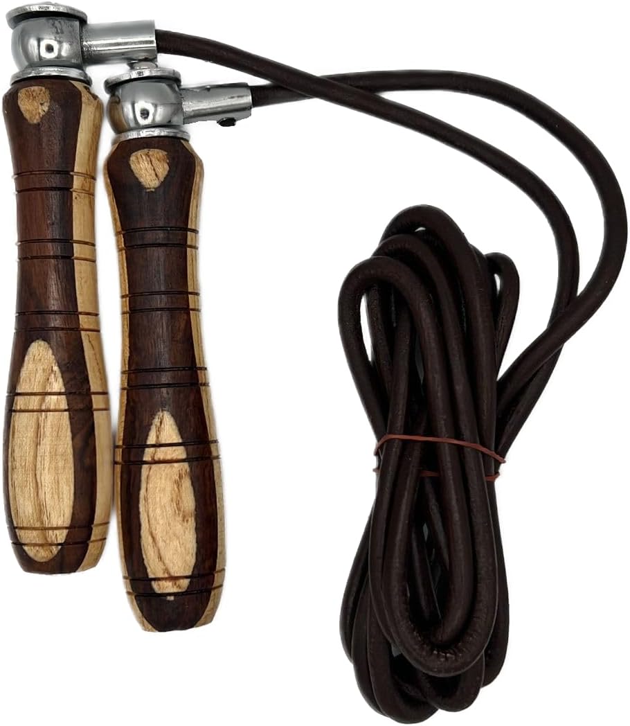 Jump Rope, Genuine Cowhide Leather Adjustable Length Workout Skipping Rope with Ball Bearings for Women, Men, and Kids - Yellow and Brown Wood Handle