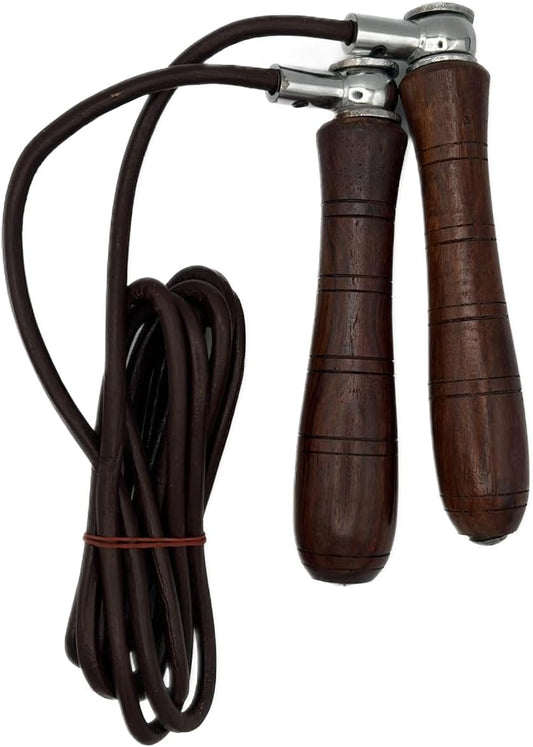 Jump Rope, Genuine Cowhide Leather Adjustable Length Workout Skipping Rope with Ball Bearings for Women, Men, and Kids - Brown Wood Handle