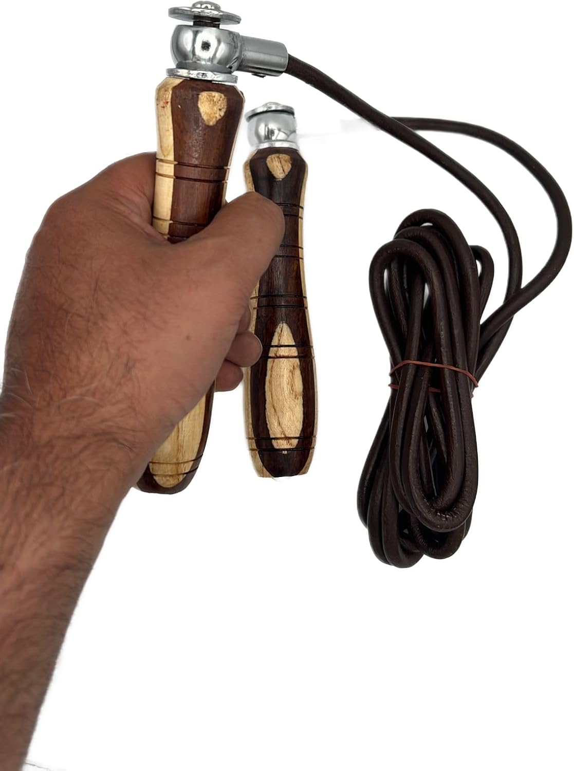 Jump Rope, Genuine Cowhide Leather Adjustable Length Workout Skipping Rope with Ball Bearings for Women, Men, and Kids - Yellow and Brown Wood Handle