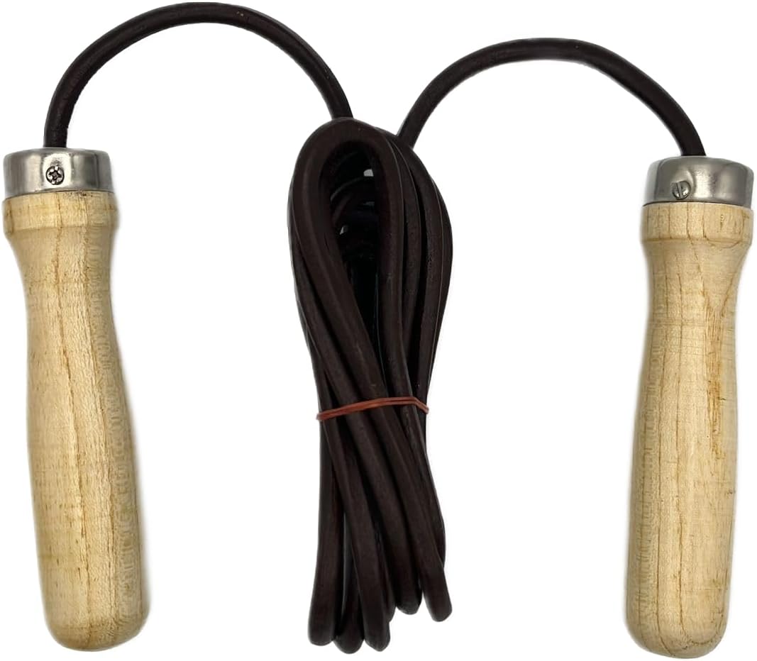 Jump Rope, Genuine Cowhide Leather Adjustable Length Workout Skipping Rope with Ball Bearings for Women, Men, and Kids - Light Yellow Wood Handle