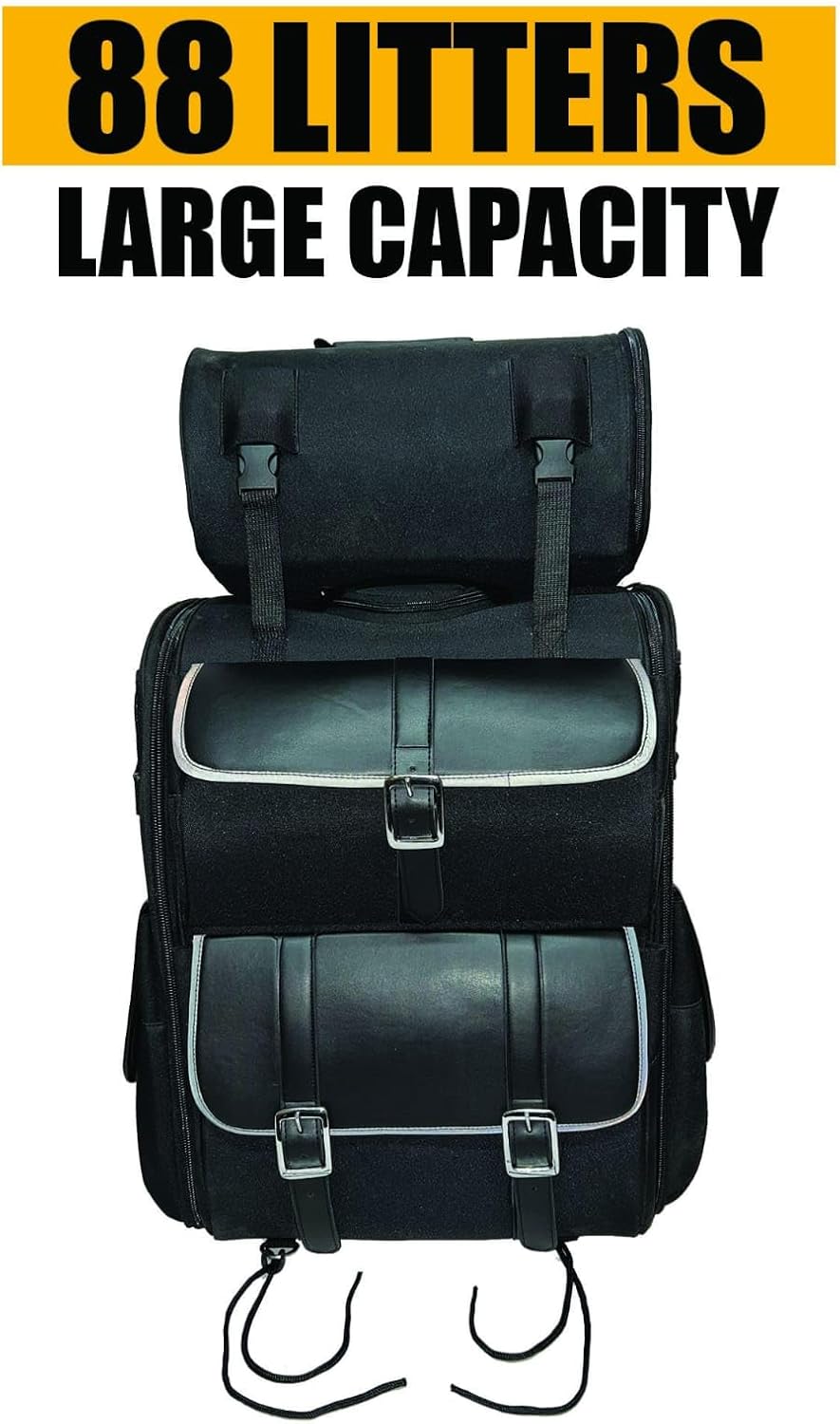Genuine leather large 2-piece motorcycle sissy bar bag – black travel luggage with reflective stripes for safety, multiple storage compartments for gear and accessories, durable and weather-resistant motorcycle touring bag, adjustable mounting rig for secure fit on sissy bars, spacious main compartment with easy-access pockets, premium leather motorcycle luggage for Harley, Honda, Yamaha, and more, versatile detachable top bag for extra storage, stylish and functional biker bag for long rides and road trips