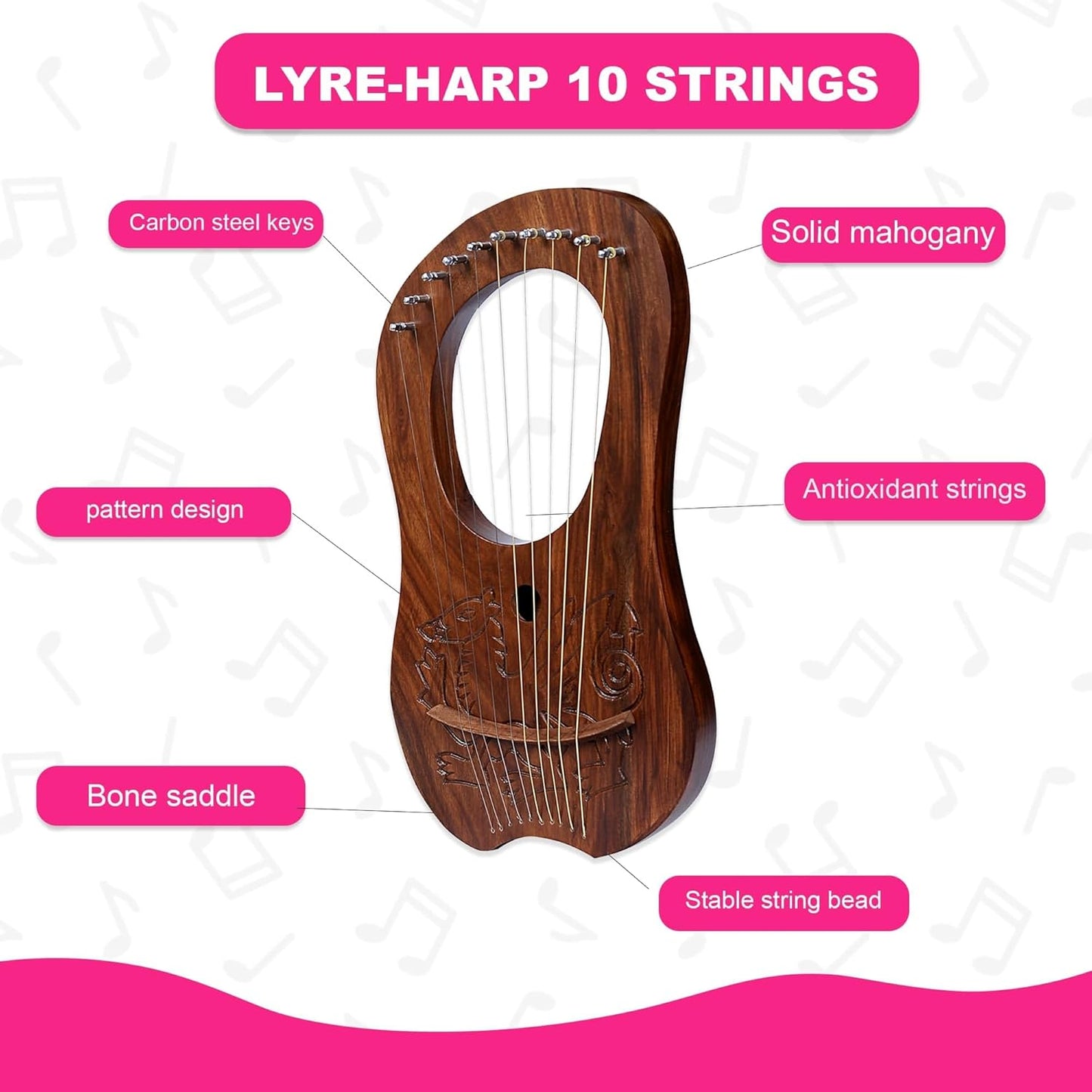 10 Strings Lyre Brown Dragon Engraved Mahogany Body Harp for Beginners, Kids with Tuner & Extra Strings