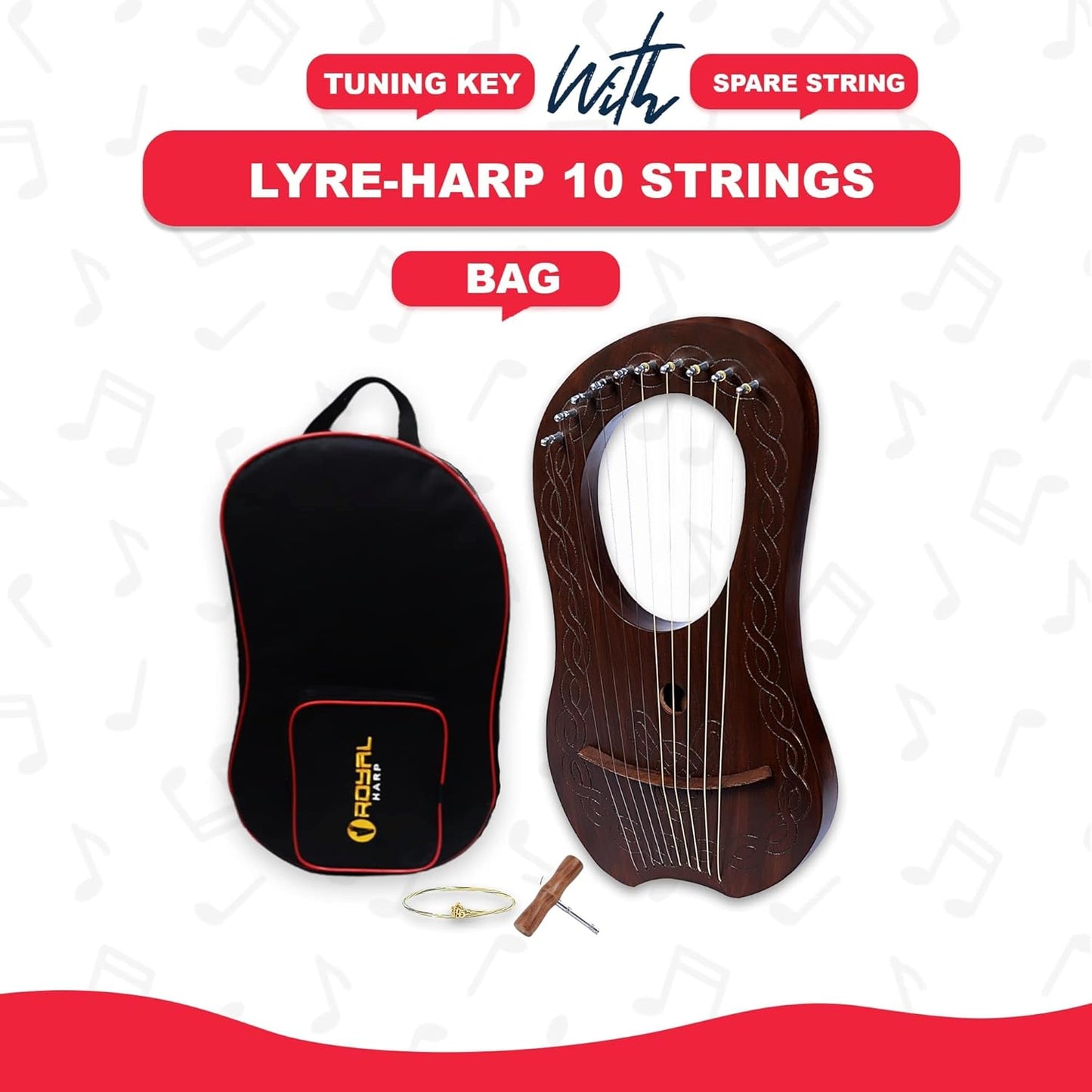 10 Strings Lyre Harp Brown Chain Design with Tuner, Strings for Beginners