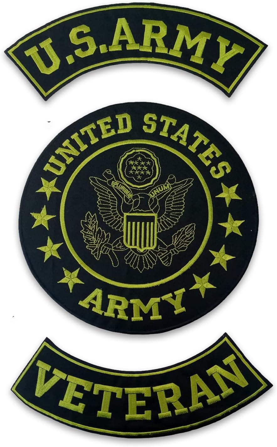 U.S Army Veteran Green on Black Iron on 3 Large Back Patches Set for Biker Vest Jacket