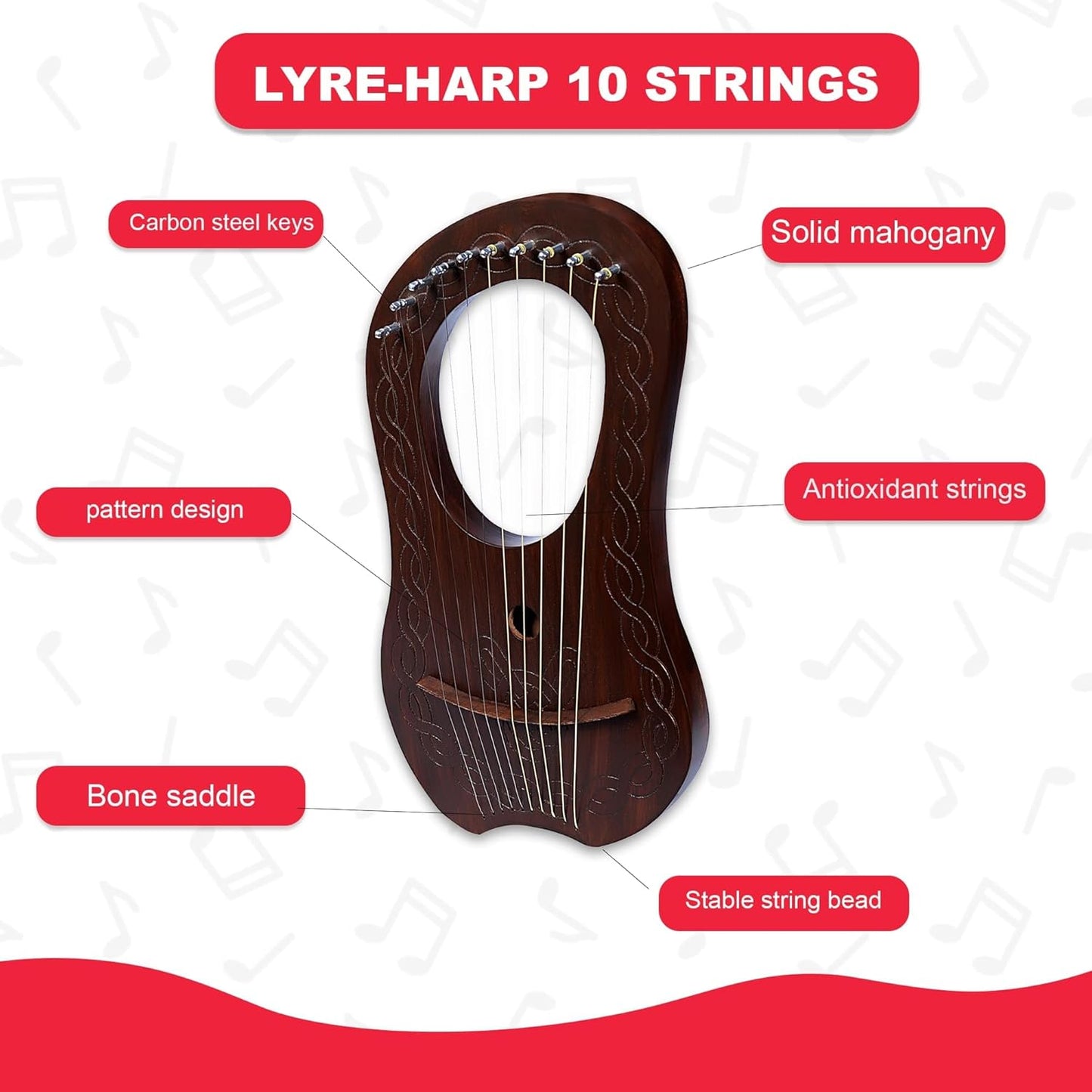 10 Strings Lyre Harp Brown Chain Design with Tuner, Strings for Beginners