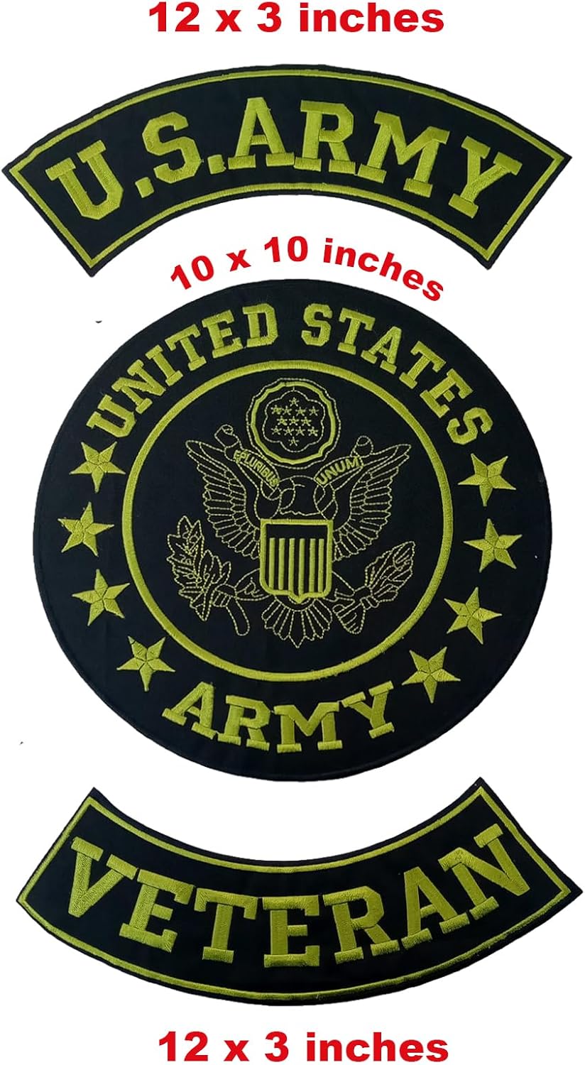 U.S Army Veteran Green on Black Iron on 3 Large Back Patches Set for Biker Vest Jacket