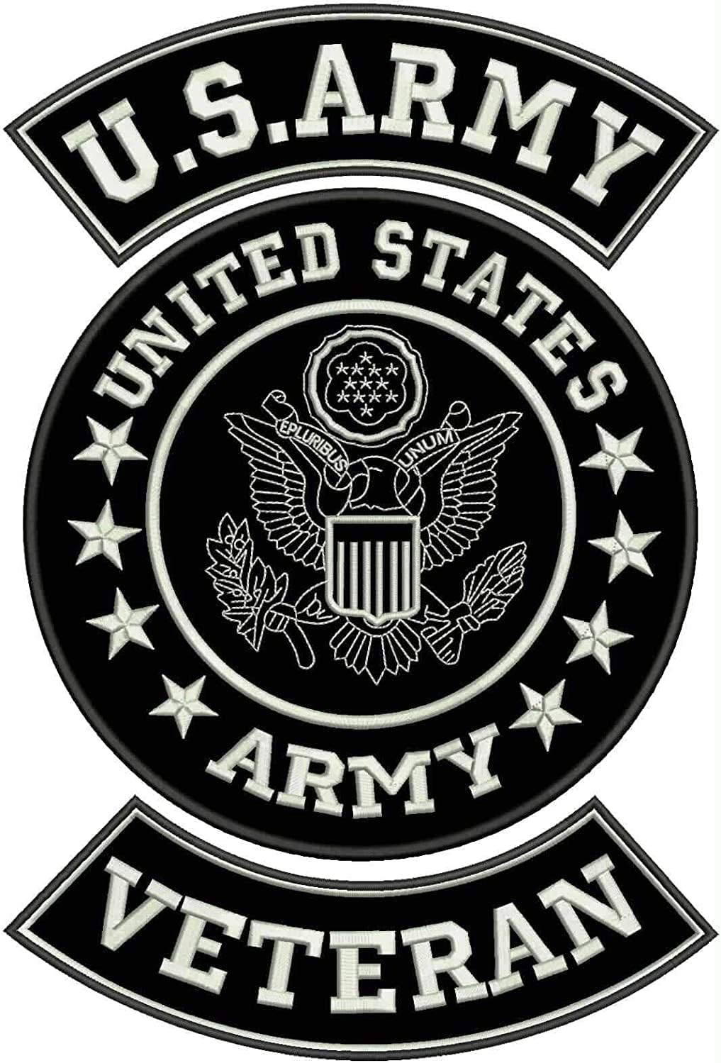 Black U.S Army Veteran Iron on 3 Large Back Patches Set for Biker Vest Jacket (White on Black)