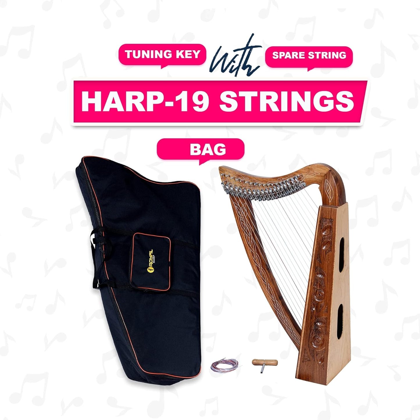 19 Strings Celtic Style Brown Lever Harp with Bag, Tuning Key and Strings