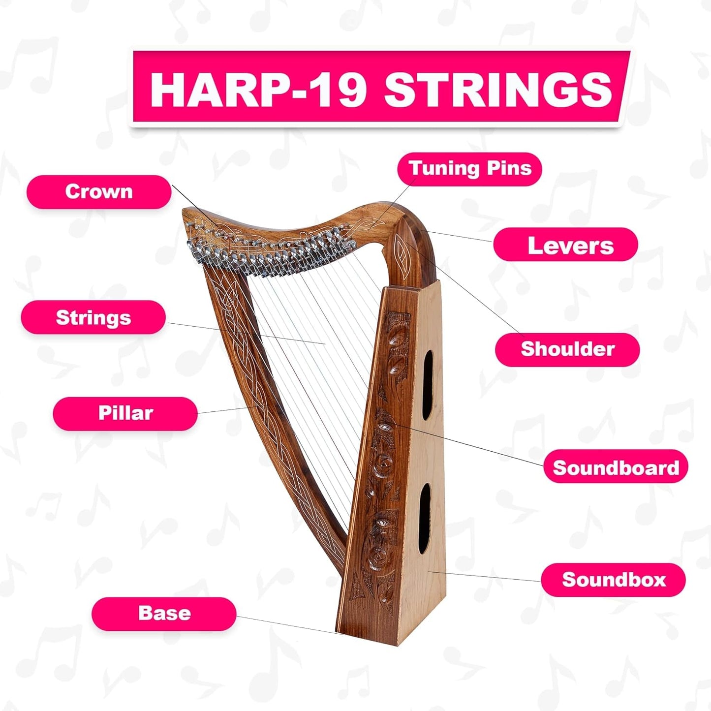 19 Strings Celtic Style Brown Lever Harp with Bag, Tuning Key and Strings