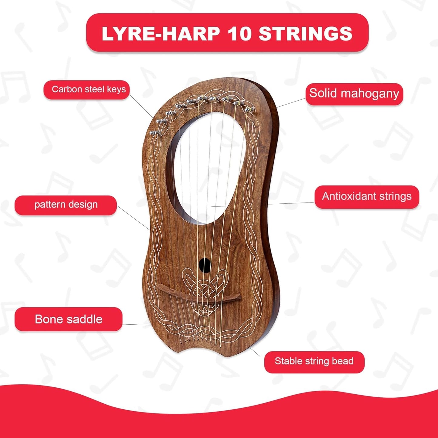 10 Strings Lyre Harp Mahogany Body Brown White Chain Design for Beginner with Extra Strings and Tuner