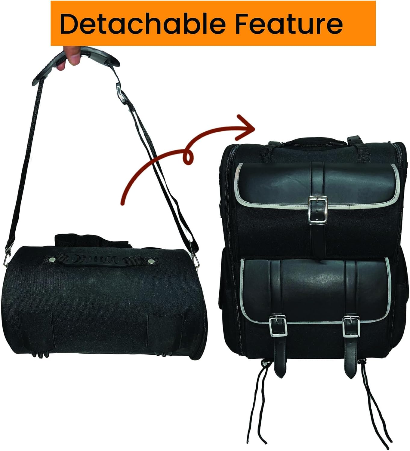 Genuine leather large 2-piece motorcycle sissy bar bag – black travel luggage with reflective stripes for safety, multiple storage compartments for gear and accessories, durable and weather-resistant motorcycle touring bag, adjustable mounting rig for secure fit on sissy bars, spacious main compartment with easy-access pockets, premium leather motorcycle luggage for Harley, Honda, Yamaha, and more, versatile detachable top bag for extra storage, stylish and functional biker bag for long rides and road trips