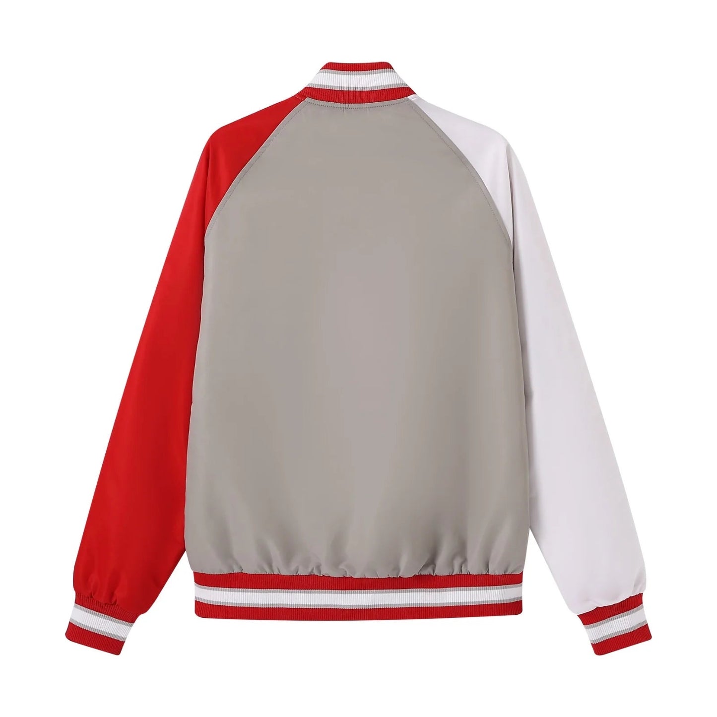 Gray varsity jacket with red and white sleeves on a white background.