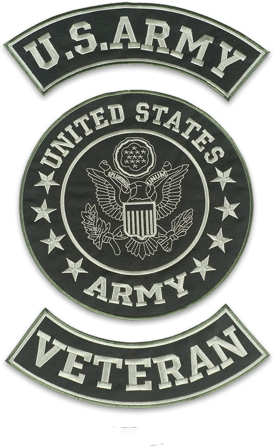 U.S Army Veteran Iron on 3 Large Back Patches Set for Biker Vest Jacket (Olive Border)