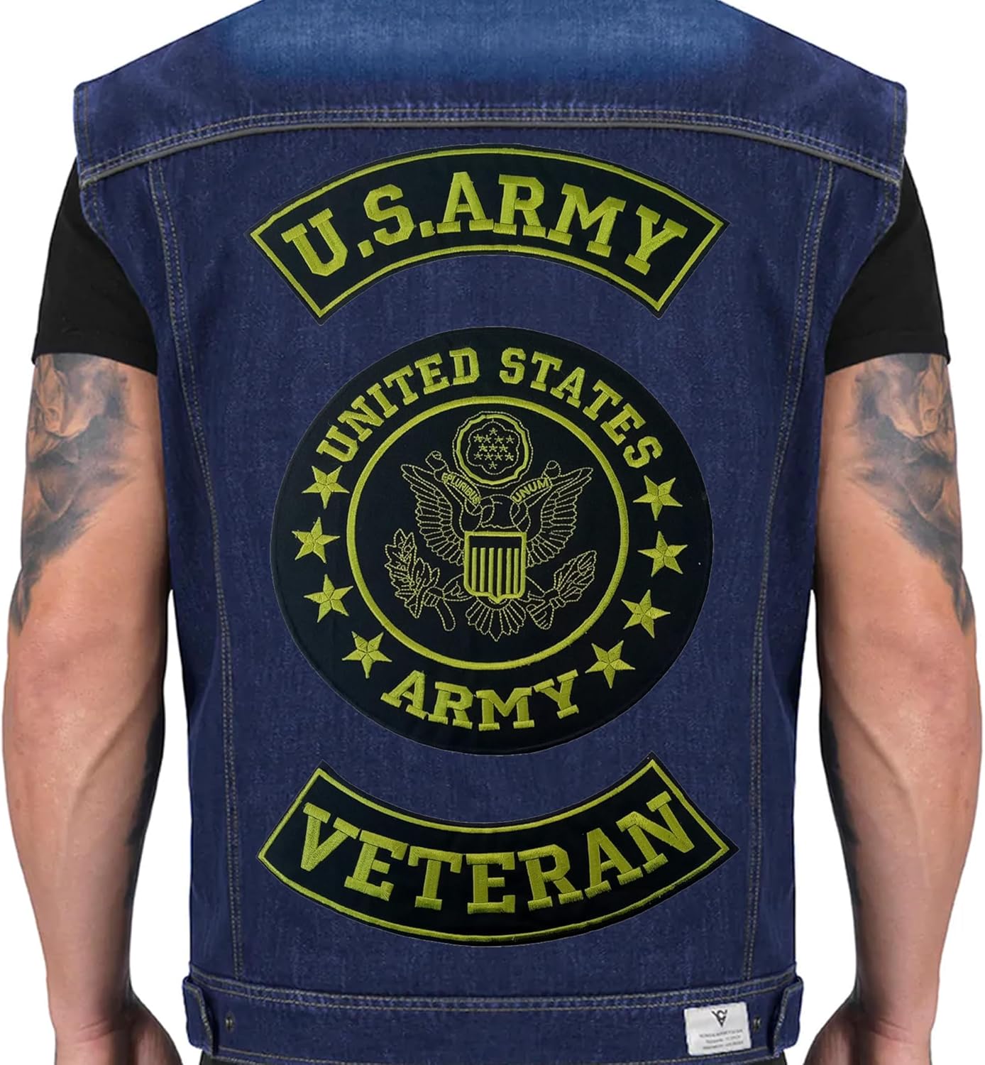 U.S Army Veteran Green on Black Iron on 3 Large Back Patches Set for Biker Vest Jacket