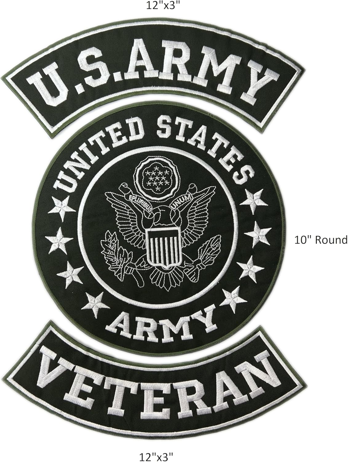 Black U.S Army Veteran Iron on 3 Large Back Patches Set for Biker Vest Jacket (White on Black)