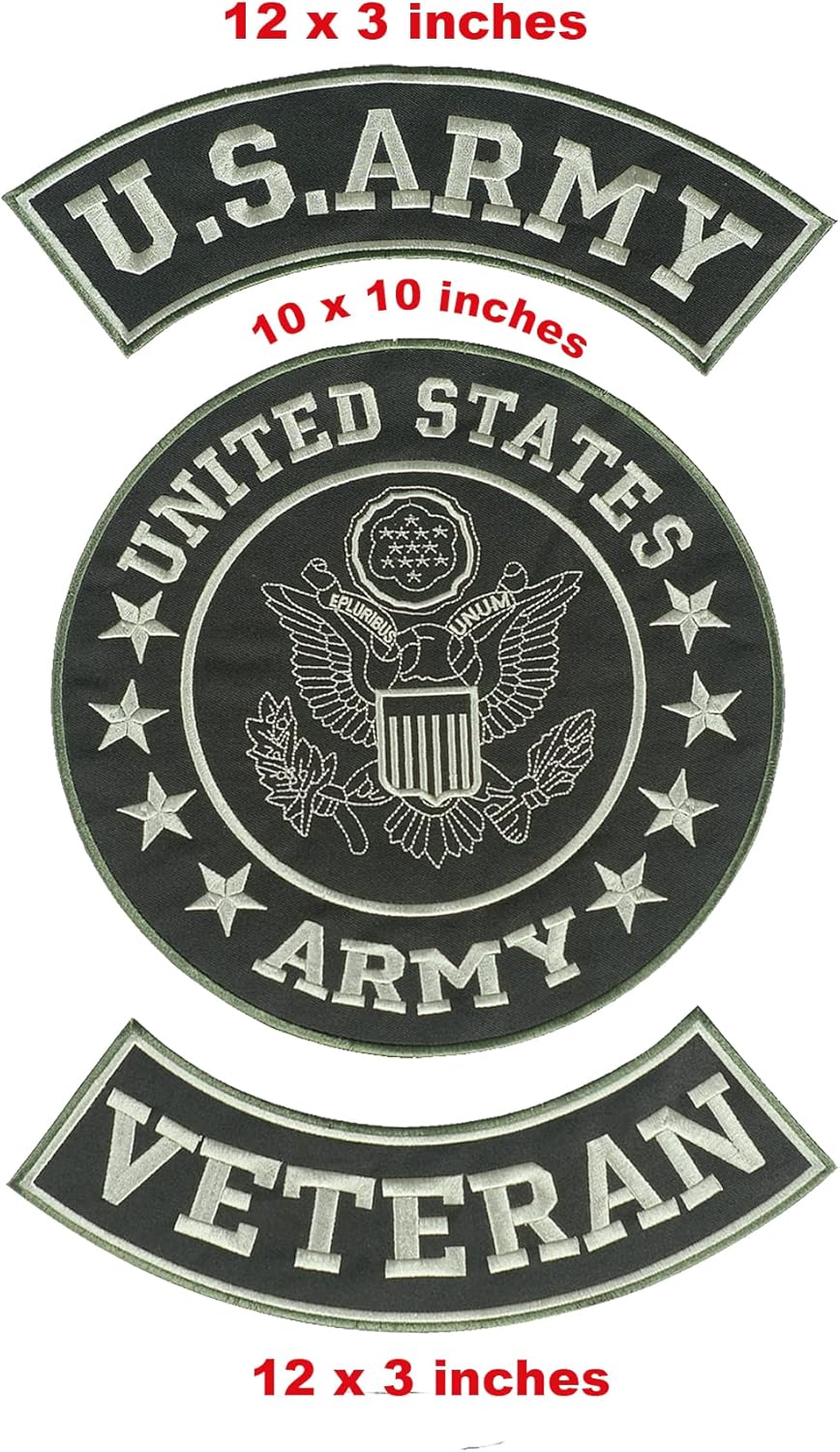 U.S Army Veteran Iron on 3 Large Back Patches Set for Biker Vest Jacket (Olive Border)