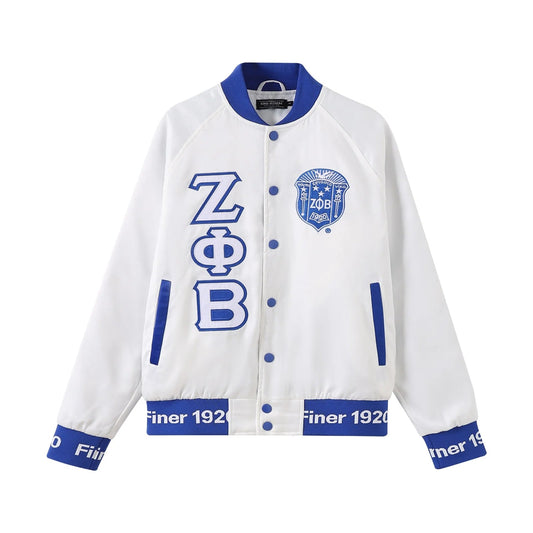 Zeta White Satin Bomber Jacket – Custom Ribbon & Lining