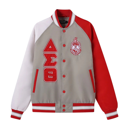 Gray and red varsity jacket with a logo and text on a white background