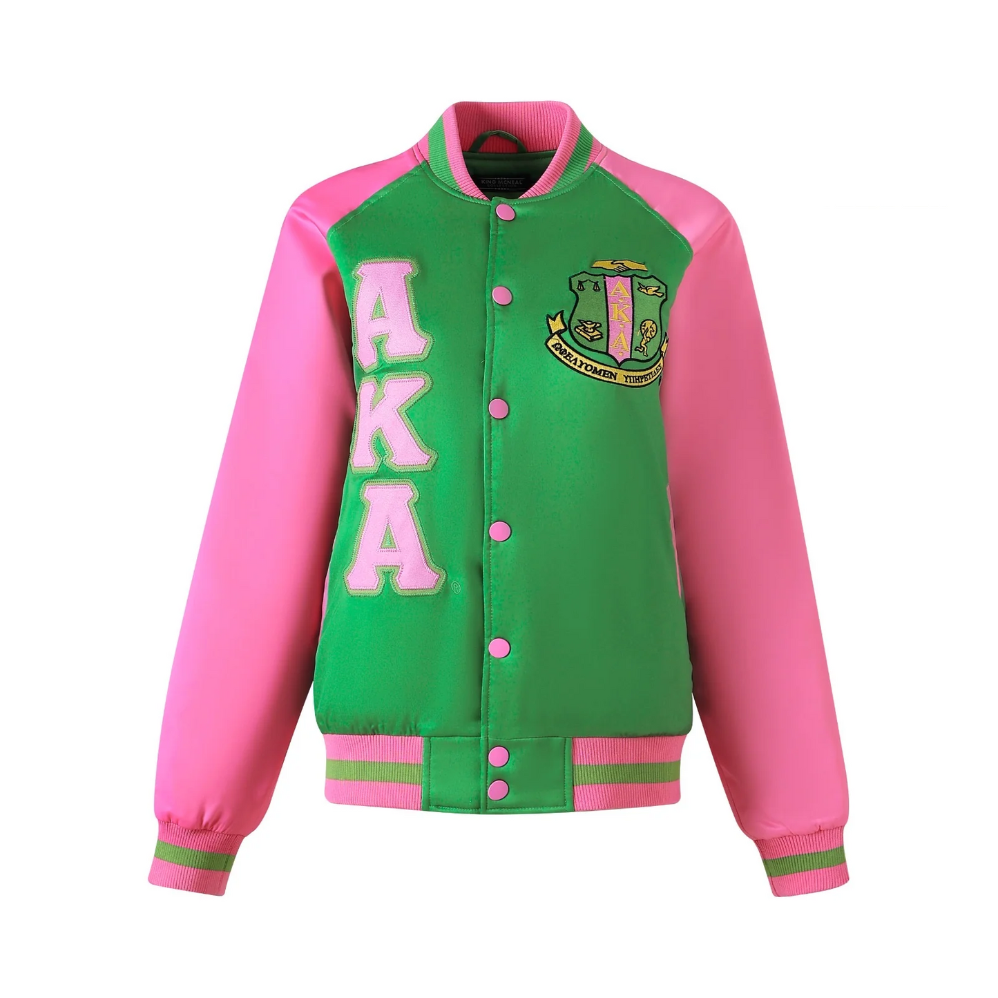AKA Green Satin Bomber Jacket – Pink Ribbing & Buttons