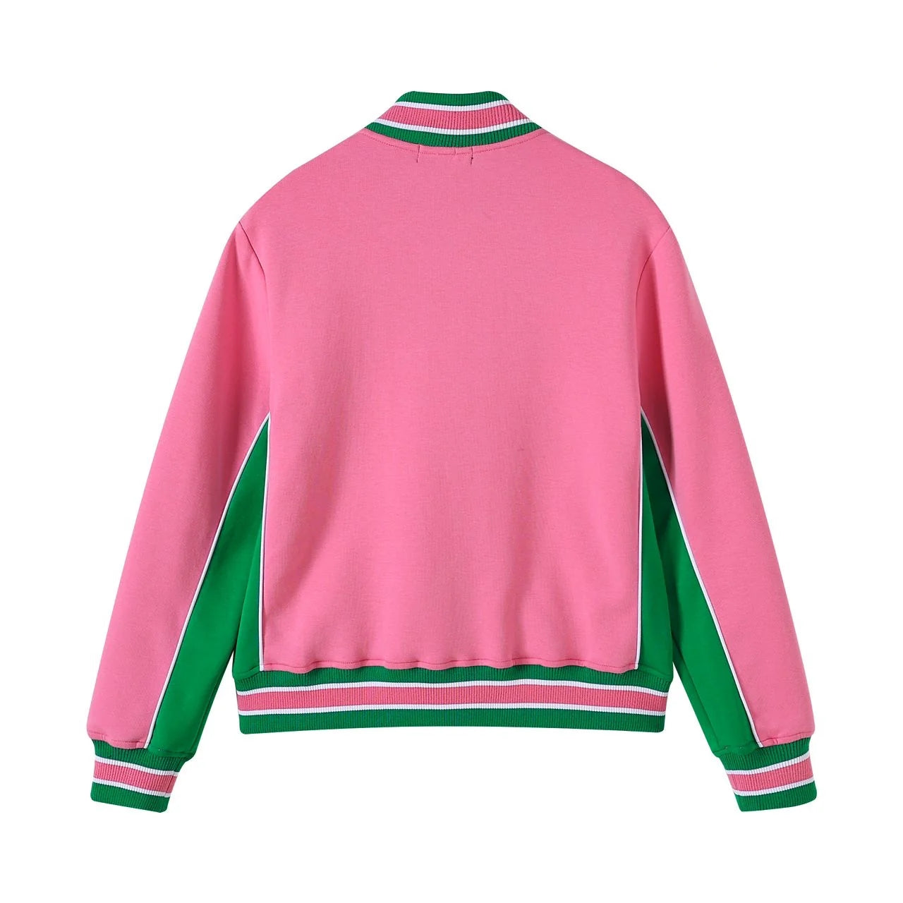 Pink jacket with green accents on a white background