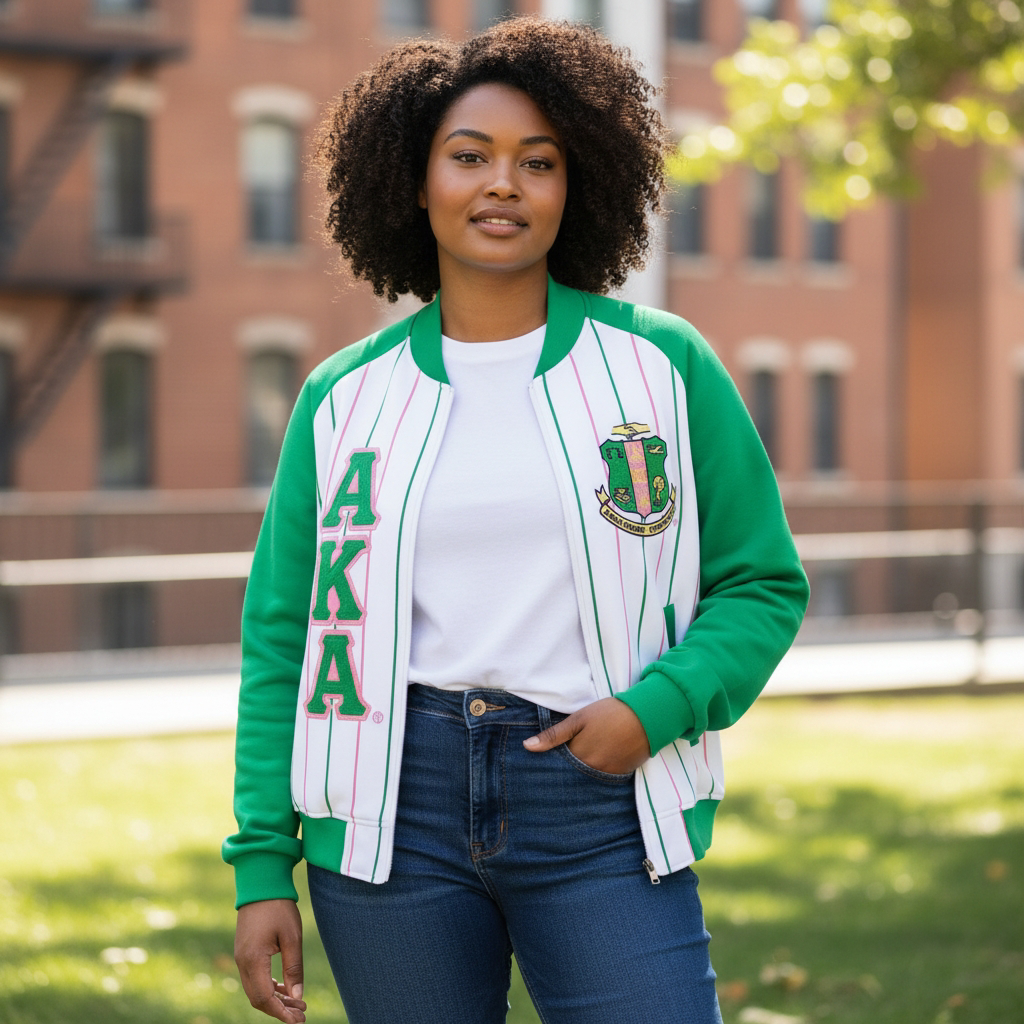 Person wearing a green and white varsity jacket with 'AKA' letters outdoors.