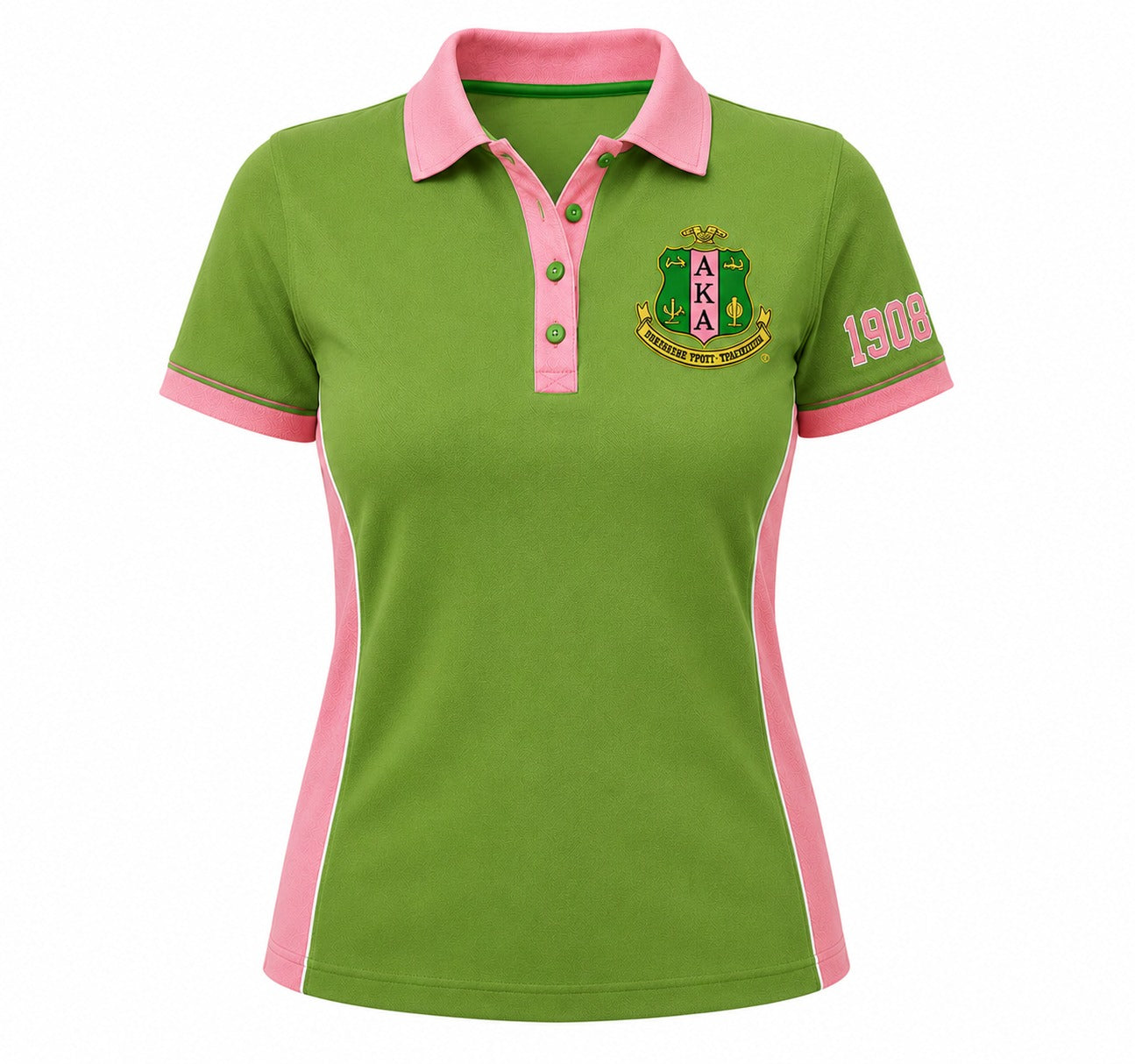 A women's short-sleeve polo shirt in lime green with pink trim on the collar, placket, sleeve cuffs, and side panels. The shirt features a green and gold AKA crest on the left chest and '1908' printed in pink on the right sleeve.