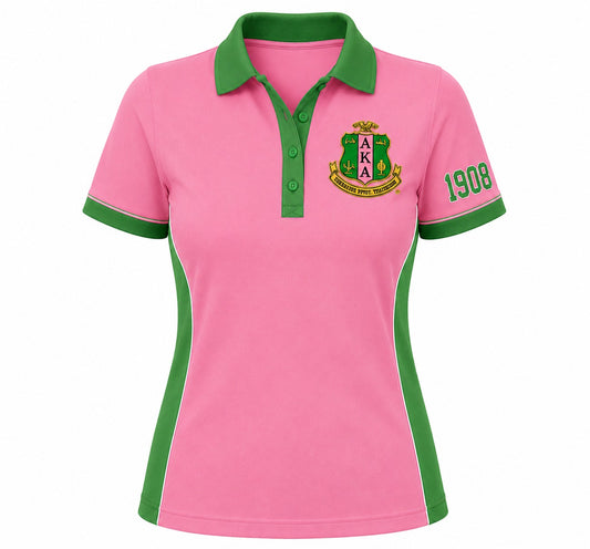 A women's short-sleeve polo shirt in pink with green trim on the collar, sleeve cuffs, and side panels. The left chest features a green and gold 'NARA' crest, and the right sleeve displays '1908' in green.