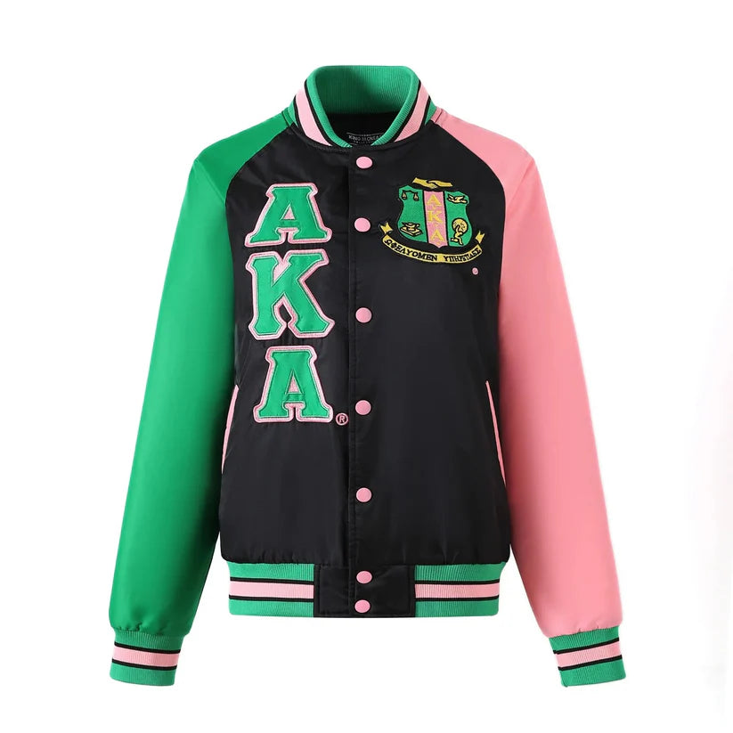 "Unisex Alpha Kappa Alpha (AKA) black bomber jacket made from durable nylon, featuring one green and one light pink sleeve, pink-green-black custom ribbon accents, detailed interior lining, and embroidered appliqué logos for a bold, stylish sorority look."