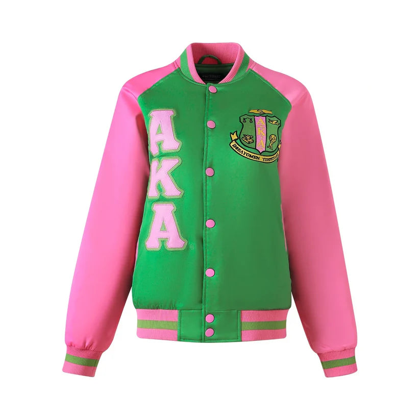 "Unisex Alpha Kappa Alpha (AKA) satin bomber jacket featuring sleek satin fabric, pink ribbing and buttons, 100g quilted lining with custom interior, and embroidered AKA logos for a bold and stylish Greek life look."