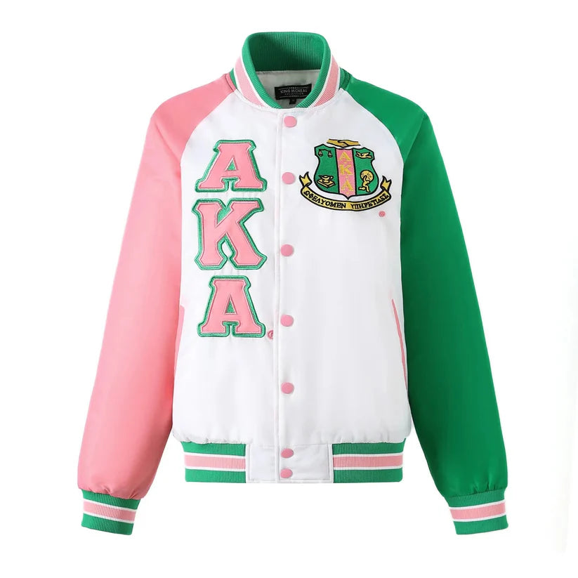 Varsity jacket with 'AKA' letters and crest on a white background