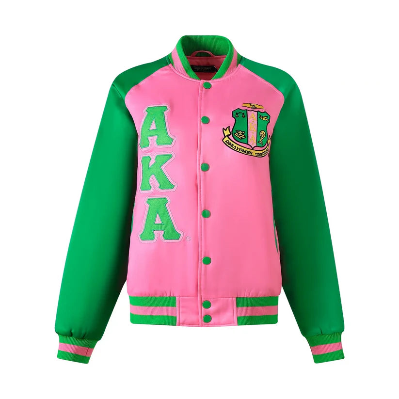 Pink and green varsity jacket with 'AKA' letters on a white background