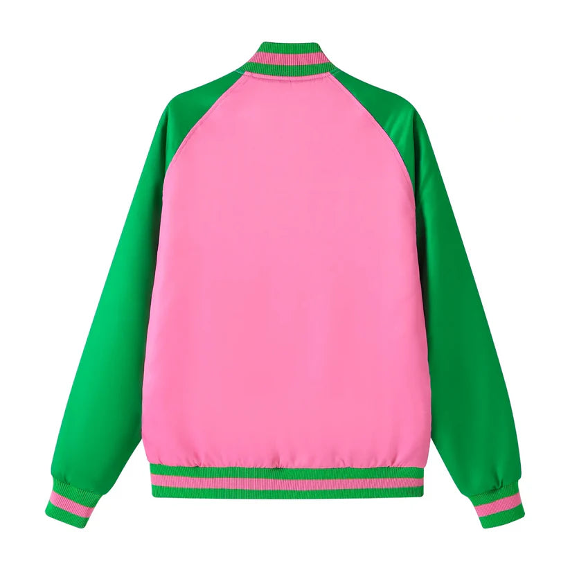 "Unisex Alpha Kappa Alpha (AKA) pink satin bomber jacket featuring smooth satin fabric, pink ribbing and buttons, 100g quilted lining with custom interior, and embroidered logos for a stylish and comfortable sorority look."