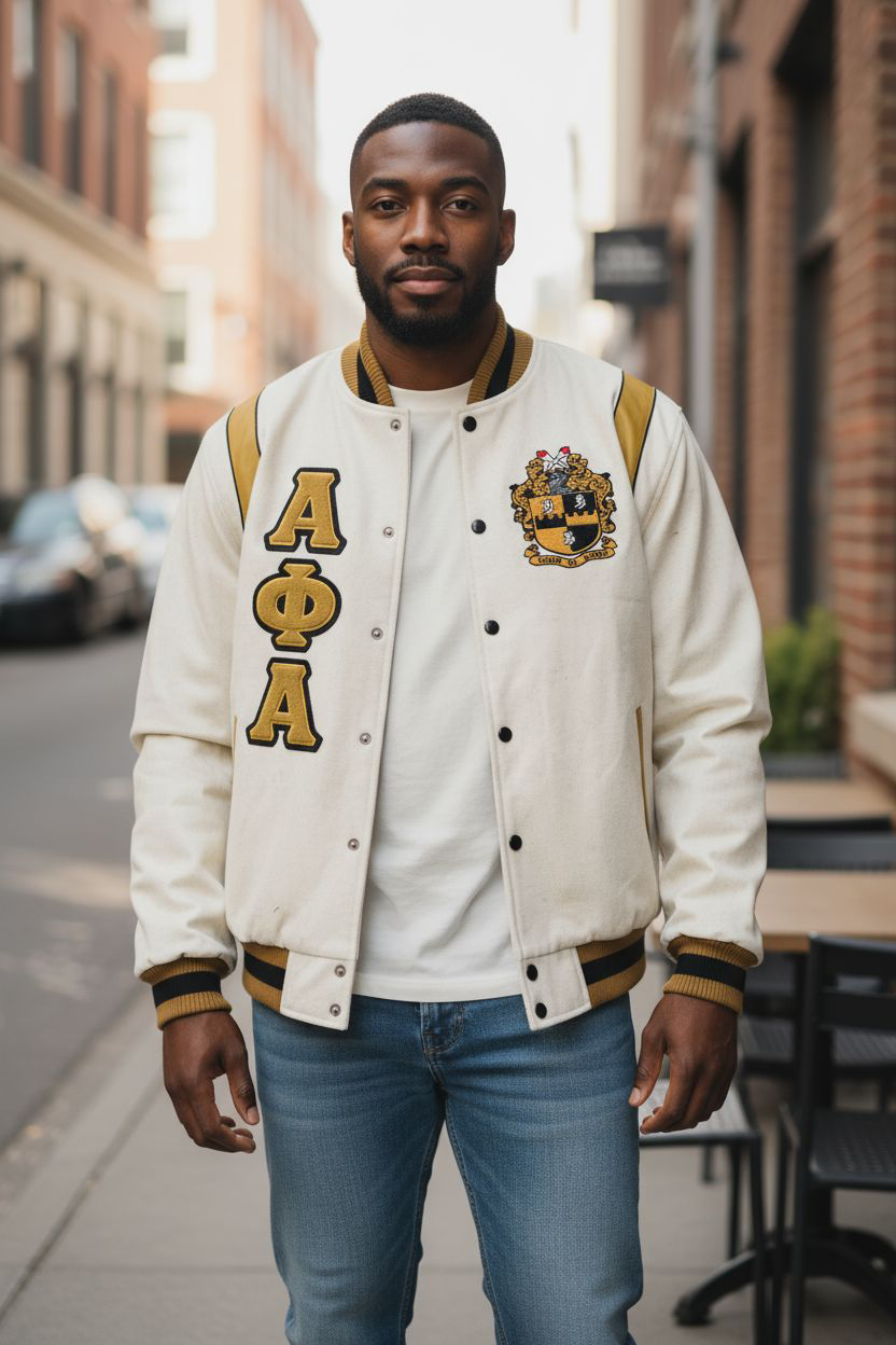 Alpha Phi Alpha premium letterman varsity jacket with a natural wool body, 100% cashmere, and old gold leather shoulder panels. Features a classic A Phi A embroidered logo and custom lining. Luxurious fraternal apparel for Alpha men.
