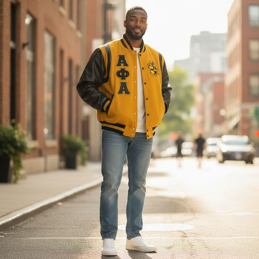 Alpha Phi Alpha Letterman Jacket with old gold cashmere wool body and black leather sleeves.