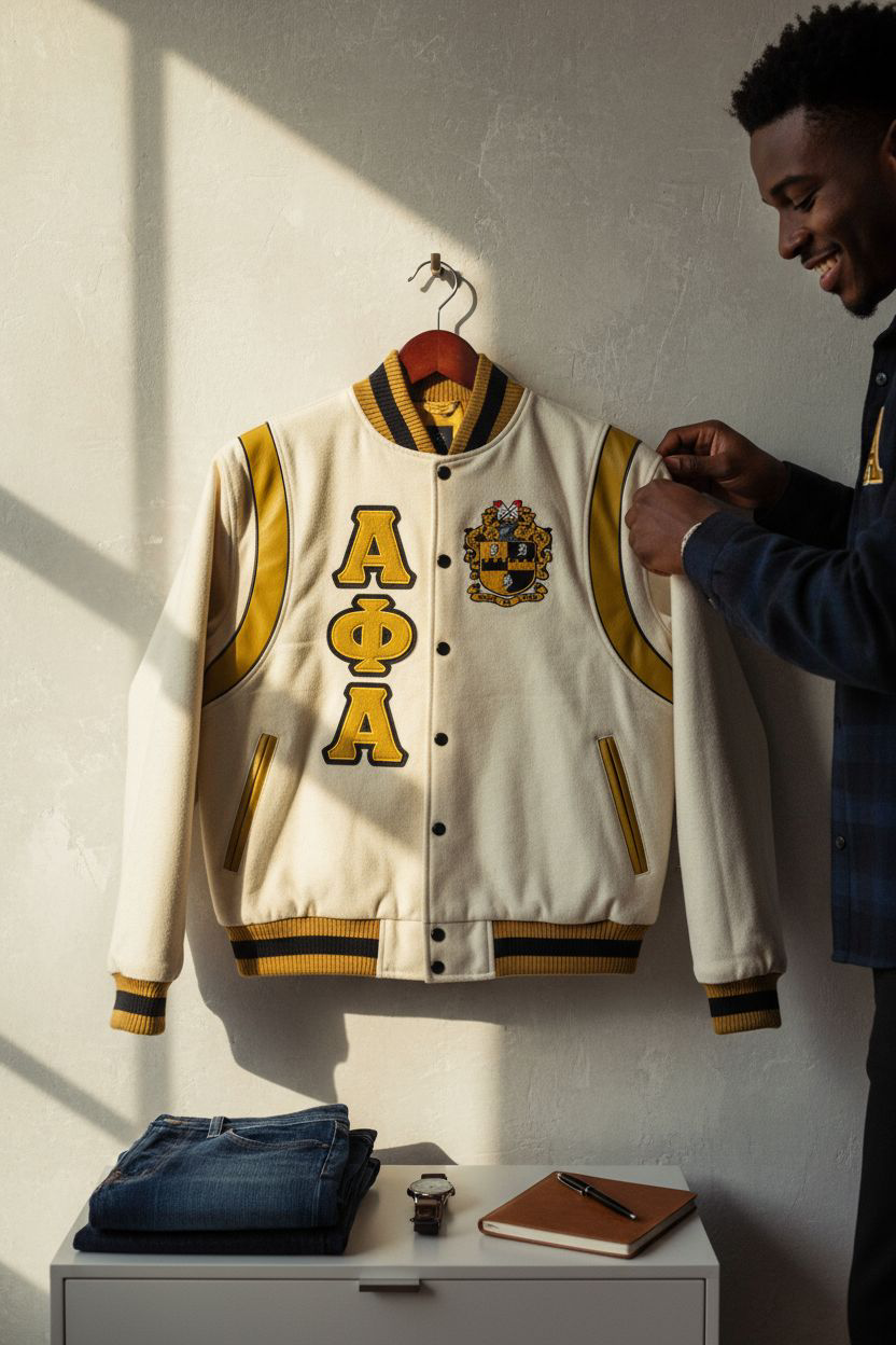 Alpha Phi Alpha premium letterman varsity jacket with a natural wool body, 100% cashmere, and old gold leather shoulder panels. Features a classic A Phi A embroidered logo and custom lining. Luxurious fraternal apparel for Alpha men.
