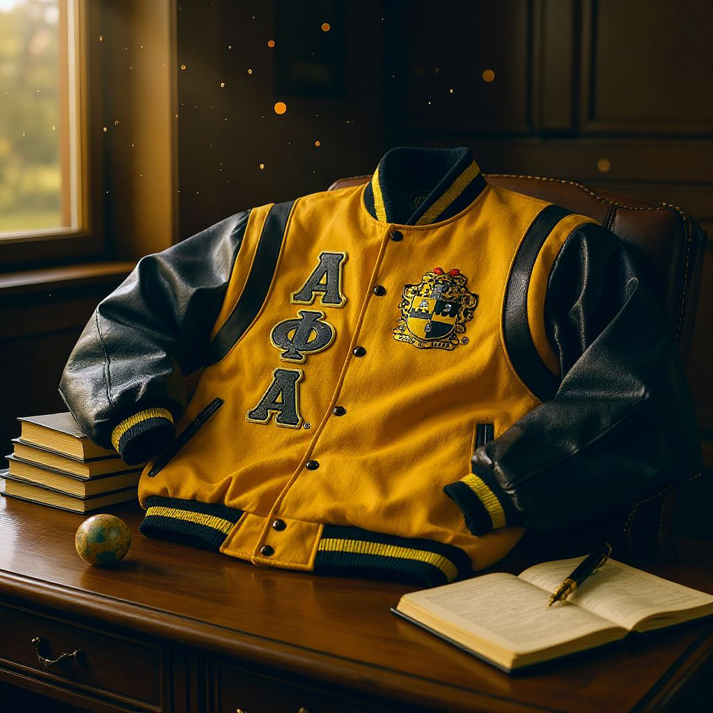Luxury Alpha Phi Alpha varsity letterman jacket featuring an old gold 100% cashmere wool body, black 100% leather sleeves, and applique leather embroidered logos.