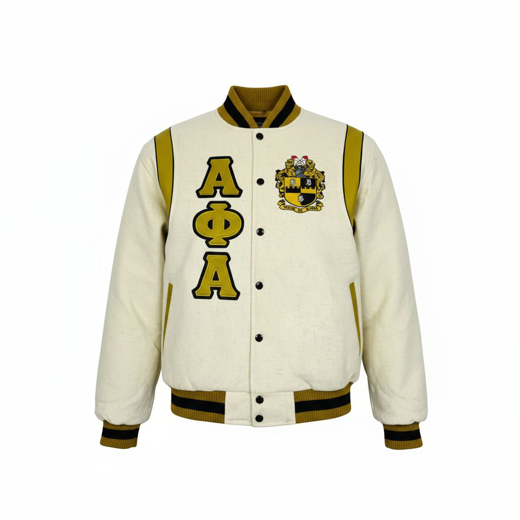 Alpha Phi Alpha premium letterman varsity jacket with a natural wool body, 100% cashmere, and old gold leather shoulder panels. Features a classic A Phi A embroidered logo and custom lining. Luxurious fraternal apparel for Alpha men.
