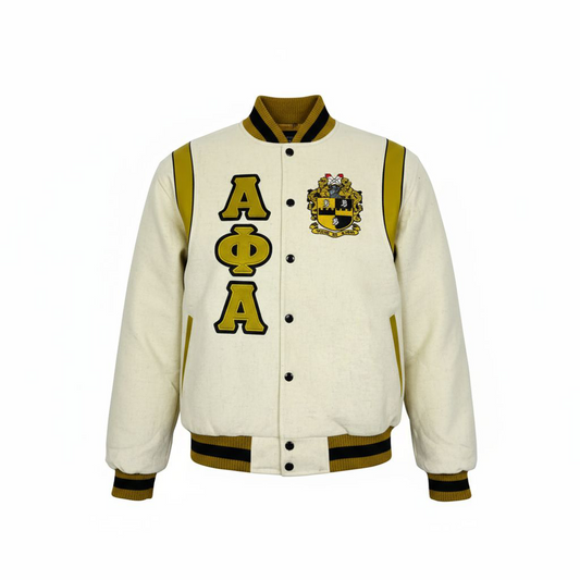 Alpha Phi Alpha premium letterman varsity jacket with a natural wool body, 100% cashmere, and old gold leather shoulder panels. Features a classic A Phi A embroidered logo and custom lining. Luxurious fraternal apparel for Alpha men.
