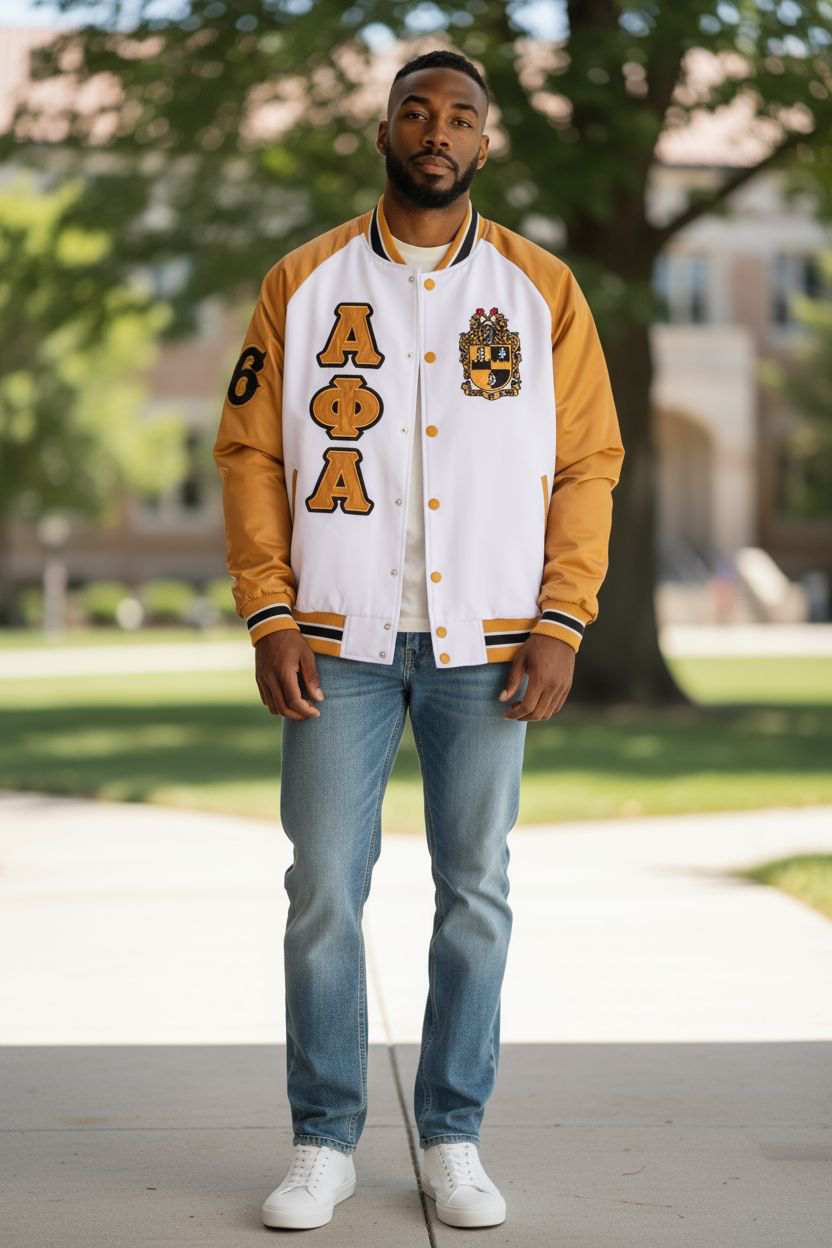Alpha Phi Alpha white satin bomber jacket with custom black quilted lining. Features embroidered applique A Phi A logos and knit ribbing on the collar and cuffs. High-quality D9 Greek apparel.
