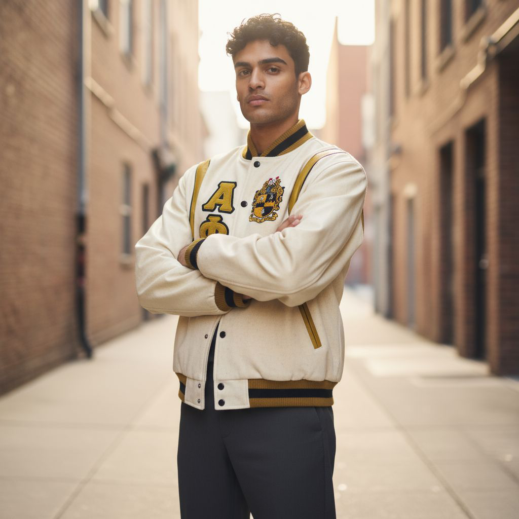 Alpha Phi Alpha (APA) cashmere and old gold leather varsity jacket. Premium D9 Greek apparel.
