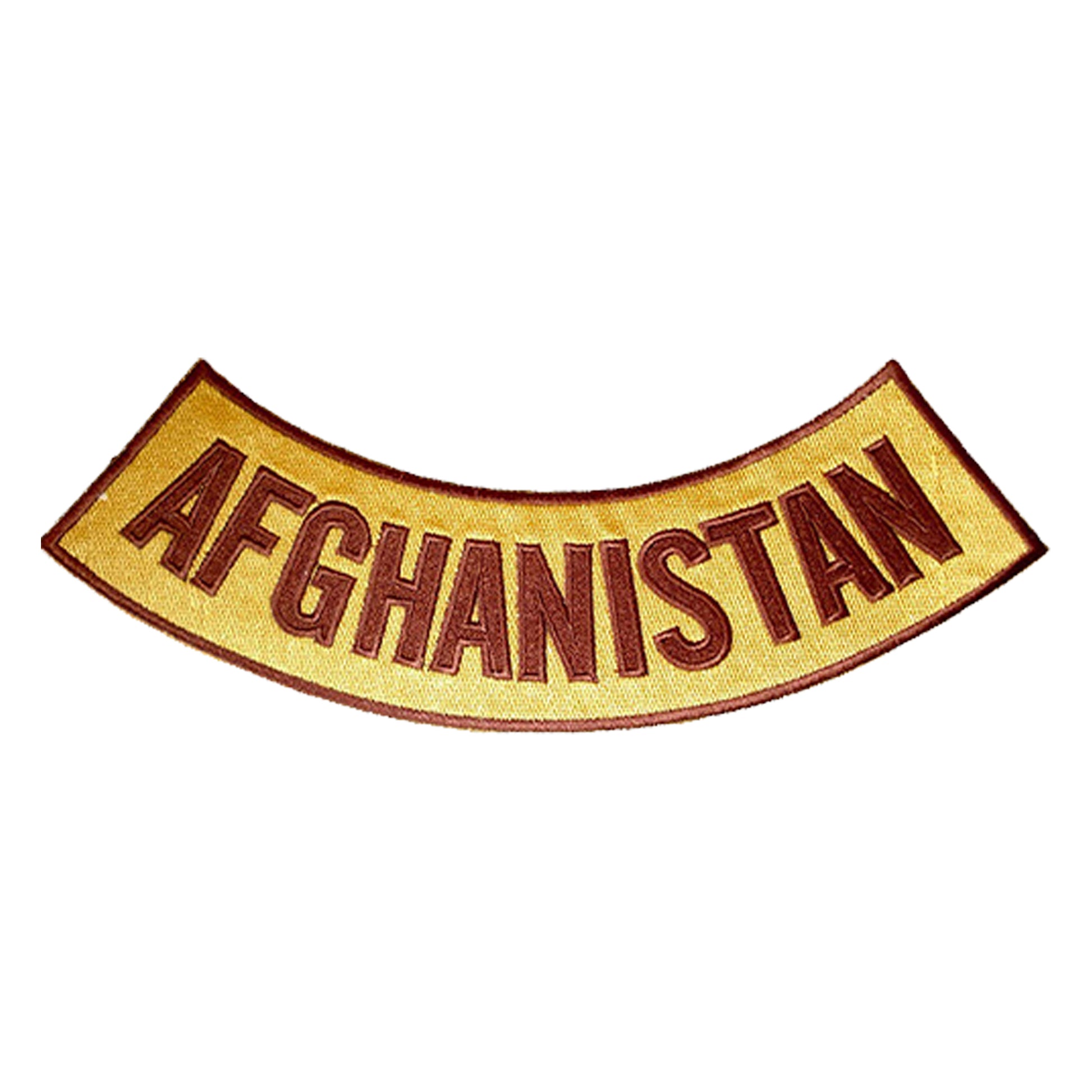 Pay tribute to the service and sacrifice with the Afghanistan Brown on Gold Bottom Rocker Patch. Featuring rich brown embroidery on a gold fabric backdrop, this large back patch is a perfect addition for veterans, military supporters, and those who honor the Afghanistan conflict. Whether you’re adding it to your jacket, vest, or riding gear, it offers both iron-on and sew-on options for a secure and lasting fit.

Features:
✔ Premium Embroidery – Bold brown stitching on a striking gold fabric background.
✔ I