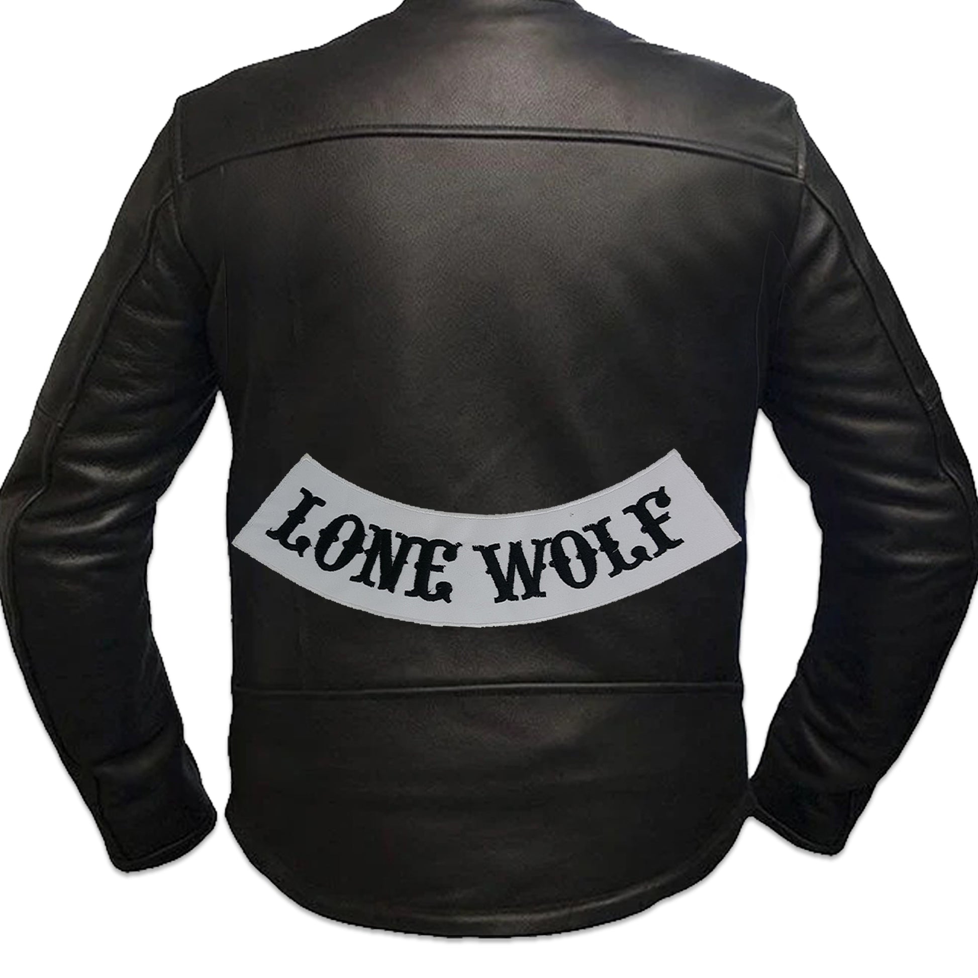 Lone Wolf Black on White Iron On Sew On Bottom Rocker Large Back Patch for Jacket Vest

