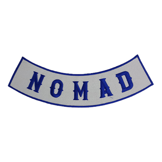 Nomad Blue on White Iron On Sew On Bottom Rocker Large Back Patch for Jacket Vest