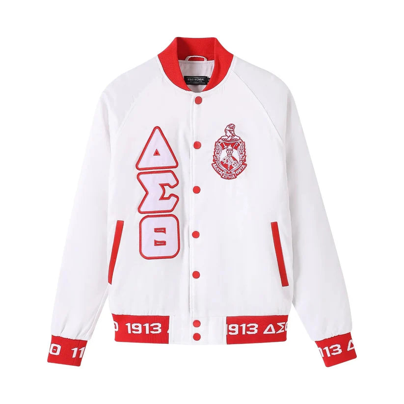 Premium White Satin Delta Sigma Theta Jacket – Quilted Lining and Custom Red Ribbing Greek Life Outerwear